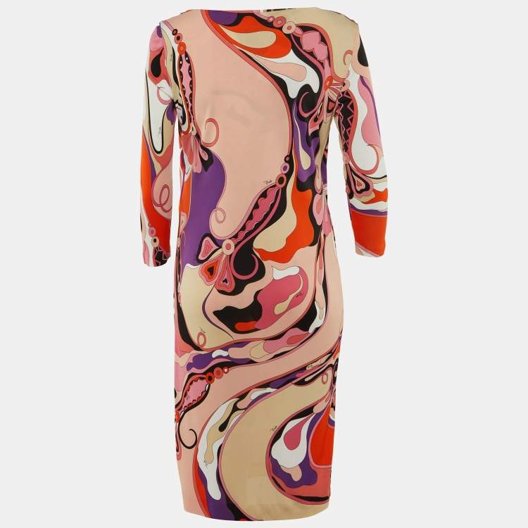 Pre Owned Emilio Pucci Pink Iride Print Jersey Midi Dress L