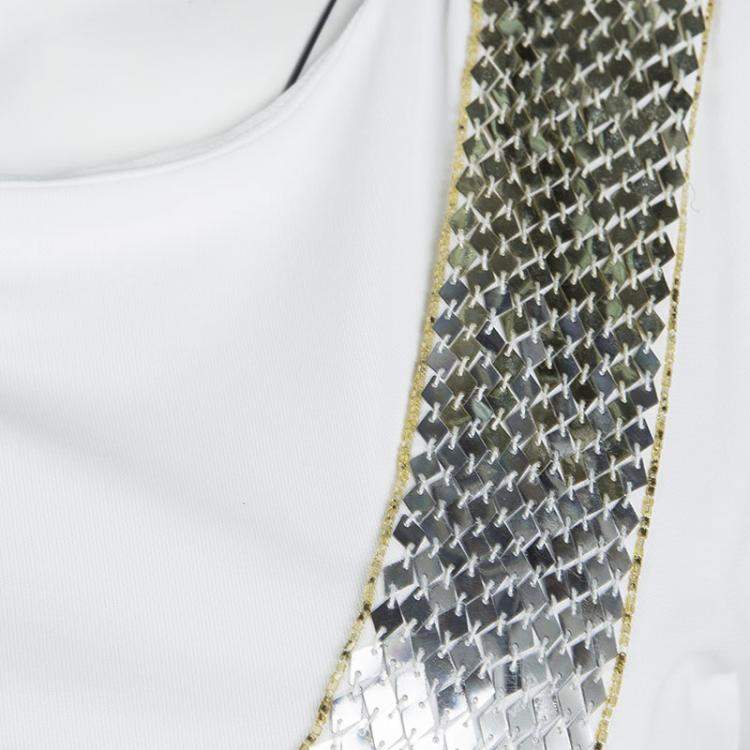 Pre Owned Emilio Pucci White Sequin Embellished Ruched Sleeveless Dress S