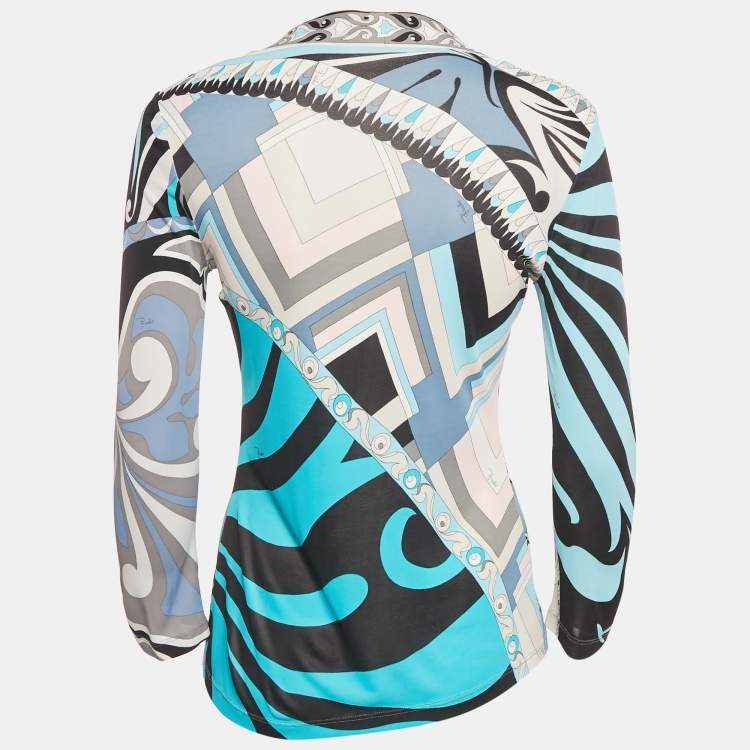 Pre Owned Emilio Pucci Multicolor Printed V Neck Jersey Blouse M 