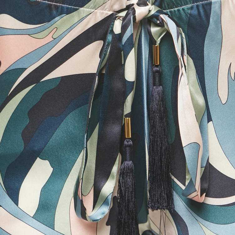 Pre Owned Emilio Pucci Multicolor Abstract Print Silk Wide Leg Drawstring Trouser S