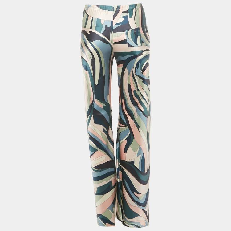 Pre Owned Emilio Pucci Multicolor Abstract Print Silk Wide Leg Drawstring Trouser S