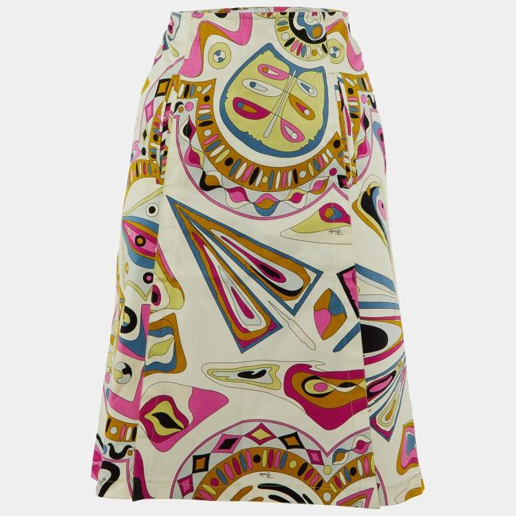 Pre Owned Emilio Pucci Multicolor Printed Cotton Overlap Skirt M