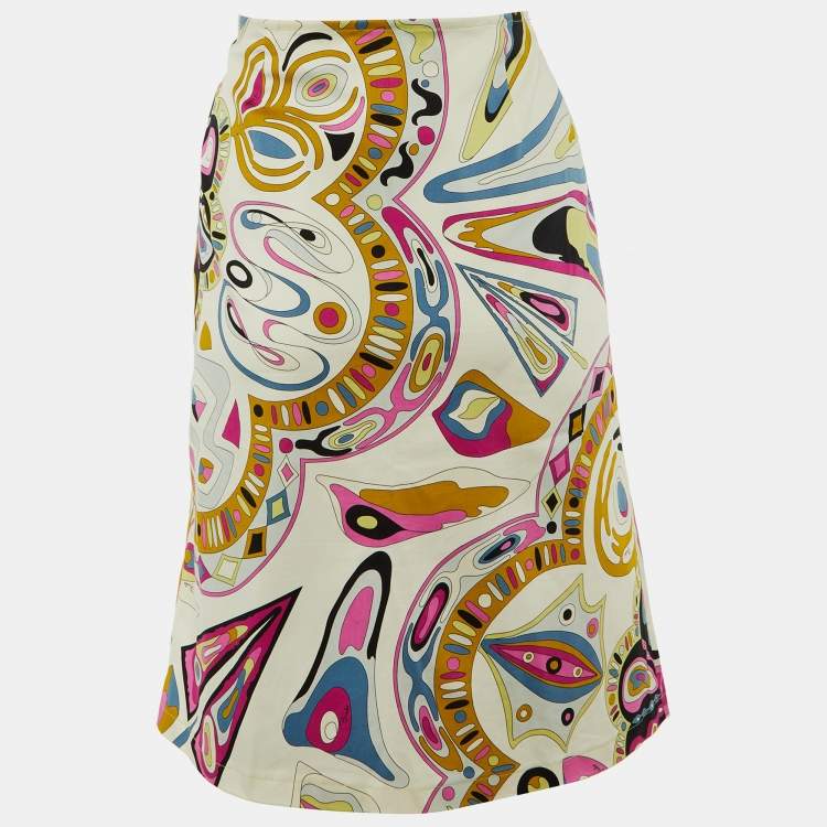 Pre Owned Emilio Pucci Multicolor Printed Cotton Overlap Skirt M