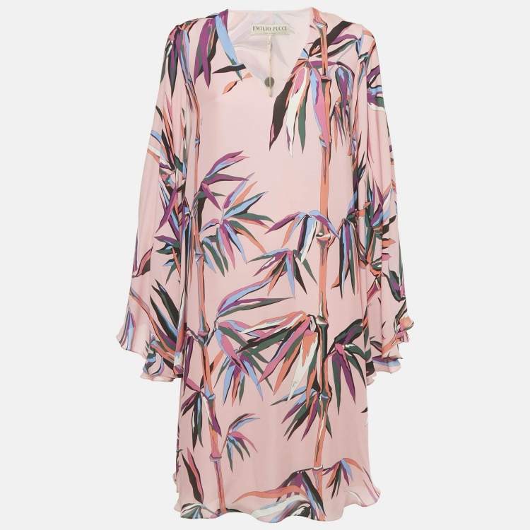 Pre Owned Emilio Pucci Pink Birds of Paradise Print Silk Kaftan Short Dress S  