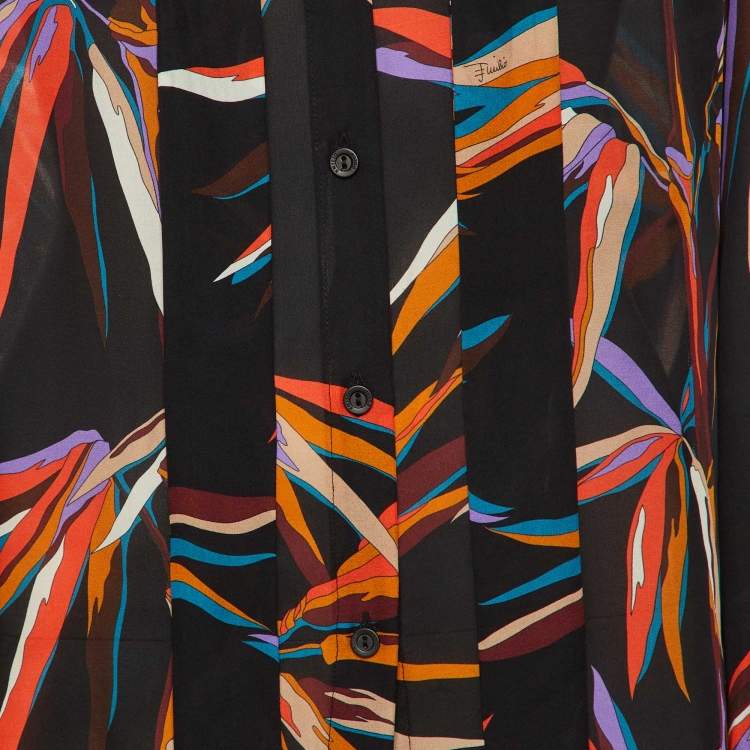 Pre Owned Emilio Pucci Black Floral Print Silk Button Front Blouse M 