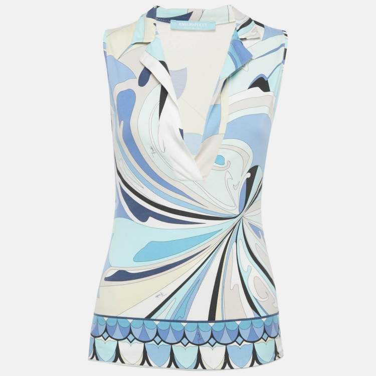 Pre Owned Emilio Pucci Blue Printed Cotton Sleeveless Shirt S