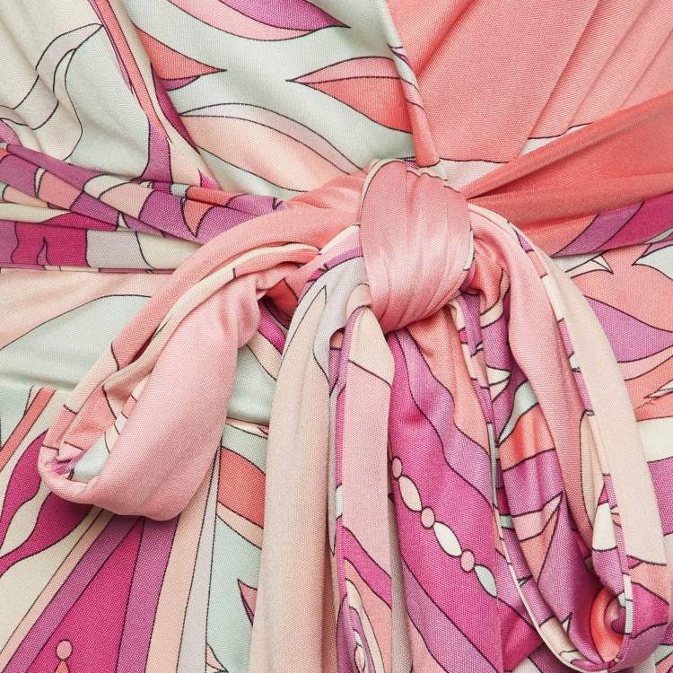 Pre Owned Emilio Pucci Multicolor Printed Silk Jersey Belted Midi Dress M