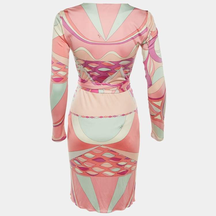 Pre Owned Emilio Pucci Multicolor Printed Silk Jersey Belted Midi Dress M
