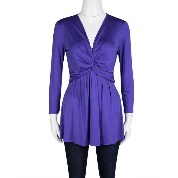 Pre Owned Emilio Pucci Blue Silk Jersey Twist Knot Front Long Sleeve Tunic M