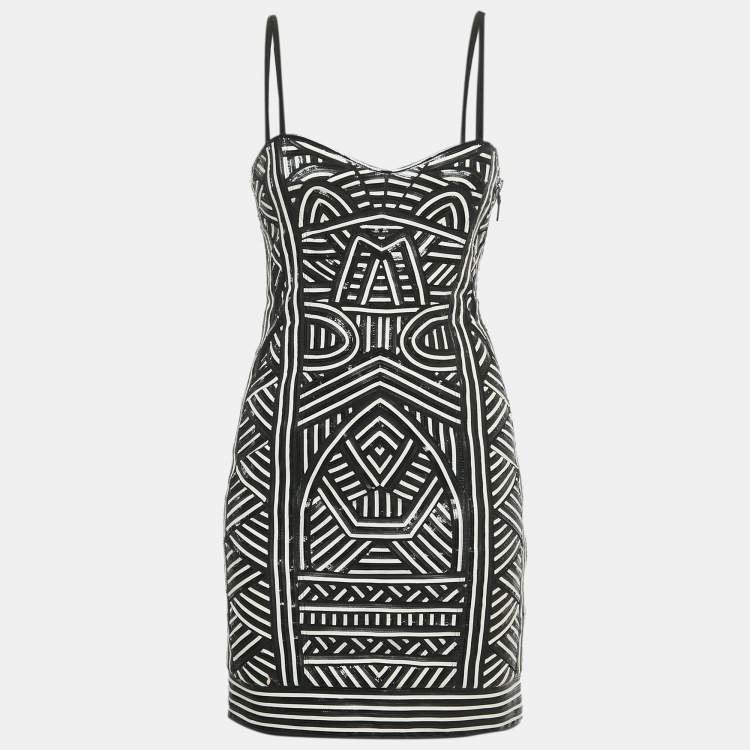 Pre Owned Emilio Pucci Black/White Leather and Mesh Mini Dress S