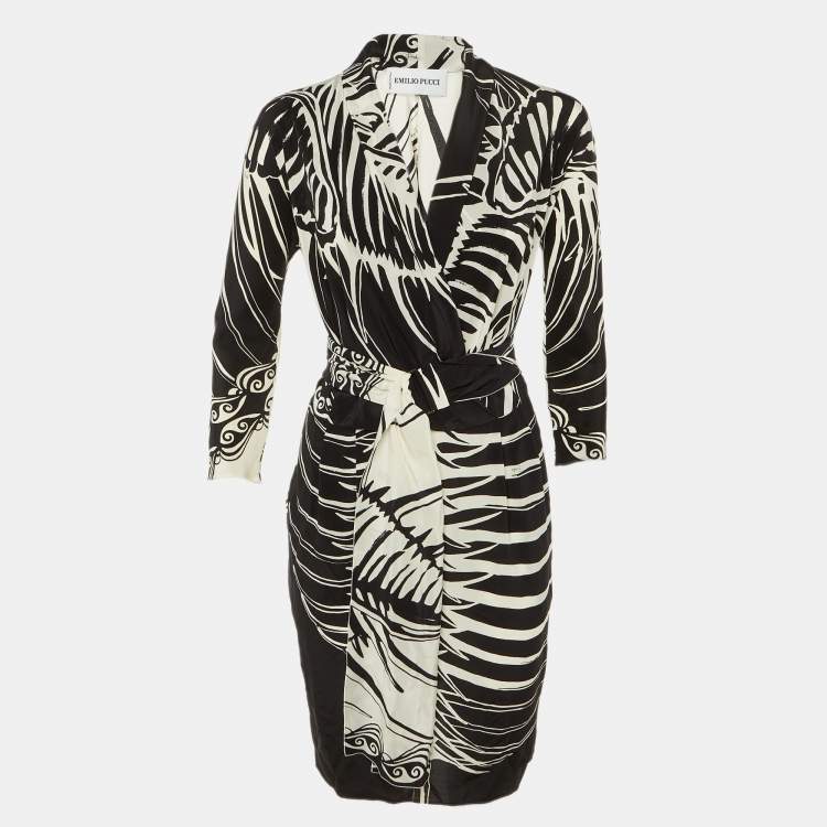 Pre Owned Emilio Pucci Monochrome Abstract Print Silk Belted Midi Dress M