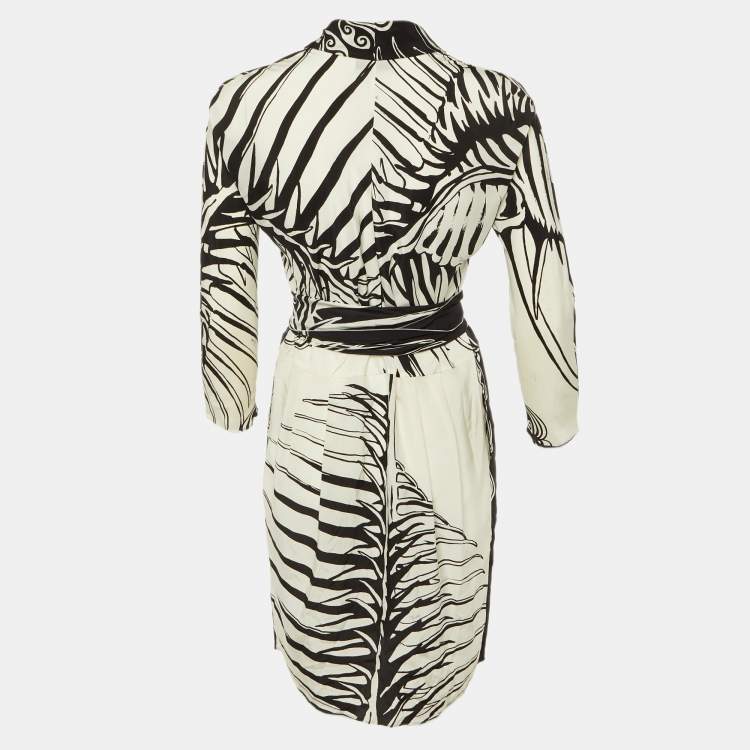 Pre Owned Emilio Pucci Monochrome Abstract Print Silk Belted Midi Dress M