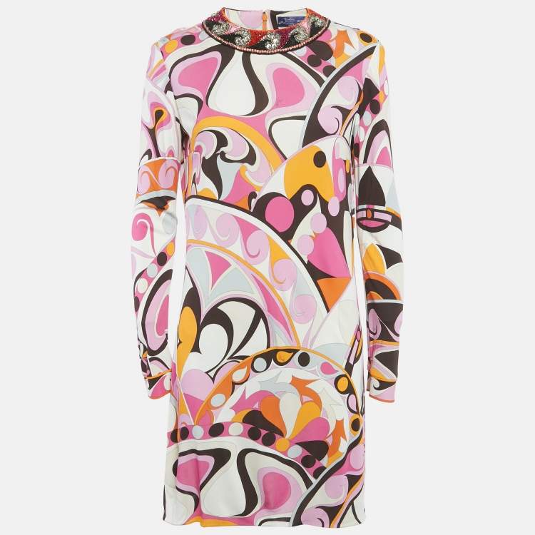Pre Owned Emilio Pucci Multicolor Printed Jersey Embellished Collar Detail Short Dress L 