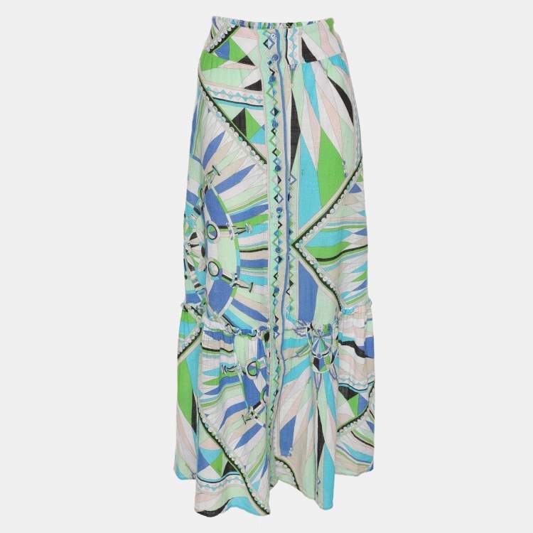 Pre Owned Emilio Pucci Multicolor Printed Cotton Knit Maxi Skirt M