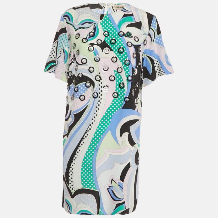 Pre Owned Emilio Pucci Multicolor Printed & Embellished Silk Tunic L