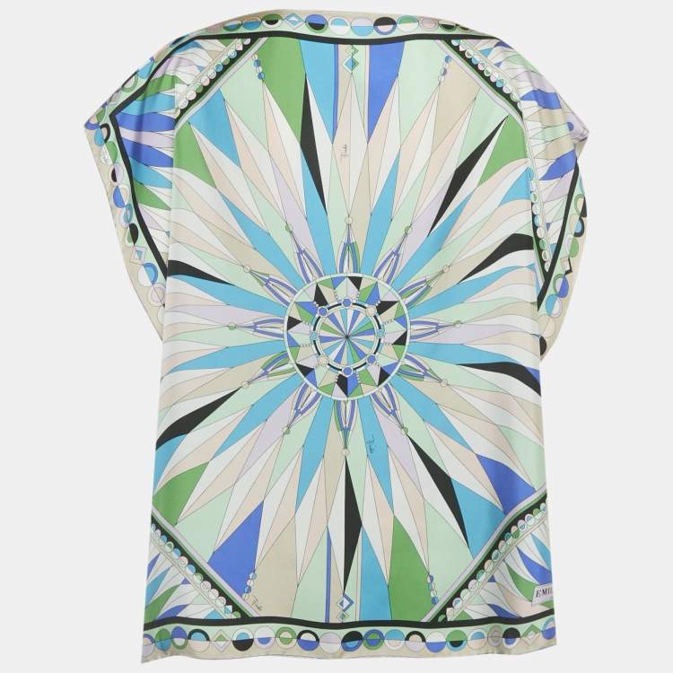 Pre Owned Emilio Pucci Green/Blue Printed Silk Kaftan Top One Size