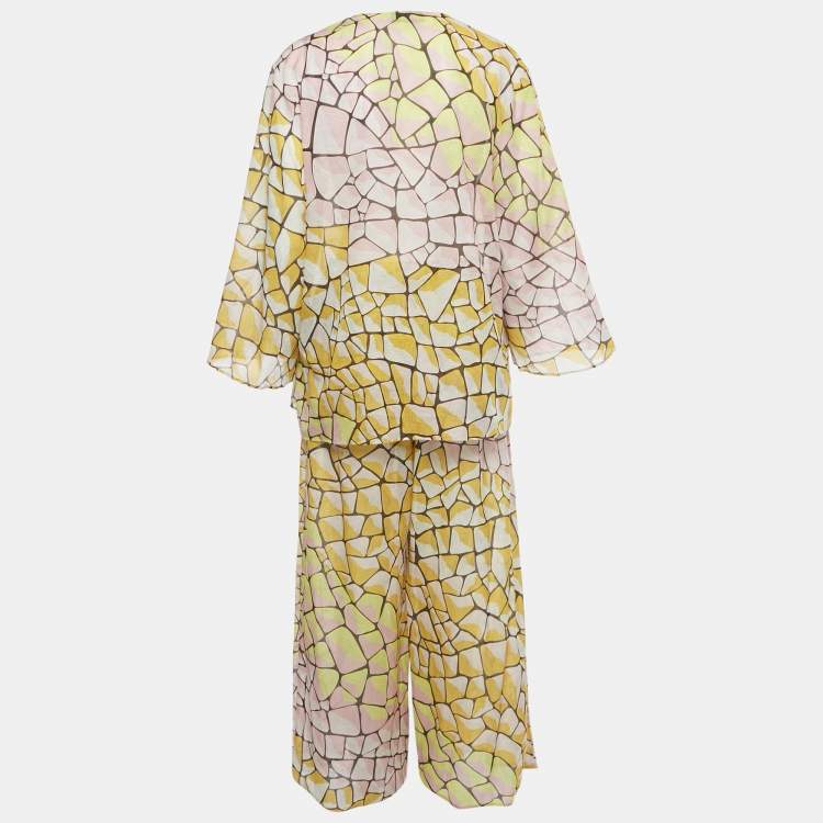 Pre Owned Emilio Pucci Yellow Printed Voile Top and Pants Set M/L