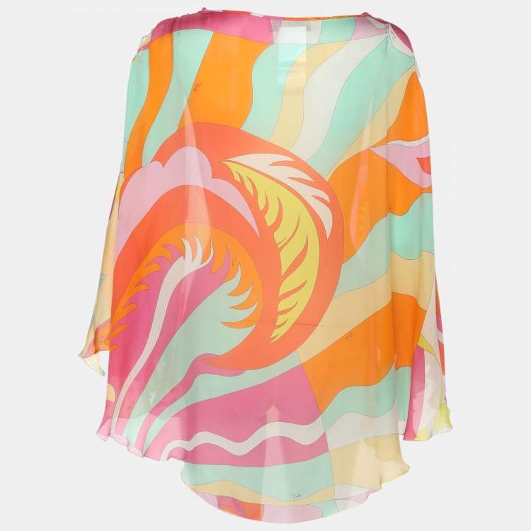 Pre Owned Emilio Pucci Multicolor Printed Satin Draped Blouse S