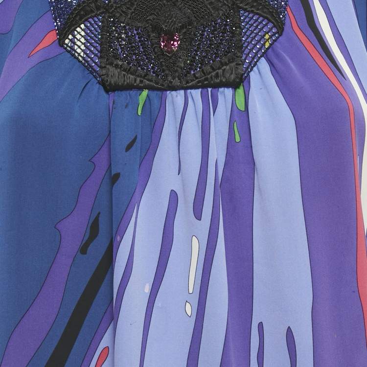 Pre Owned Emilio Pucci Multicolor Embellished Printed Silk Kaftan Tunic Top M 