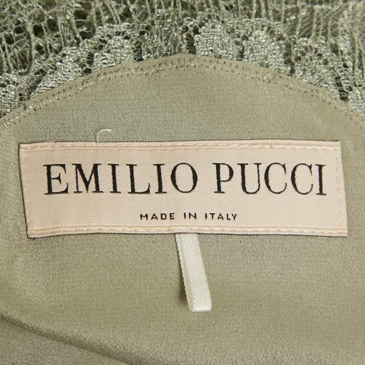 Pre Owned Emilio Pucci Green Lace One-Shoulder Mini Dress S