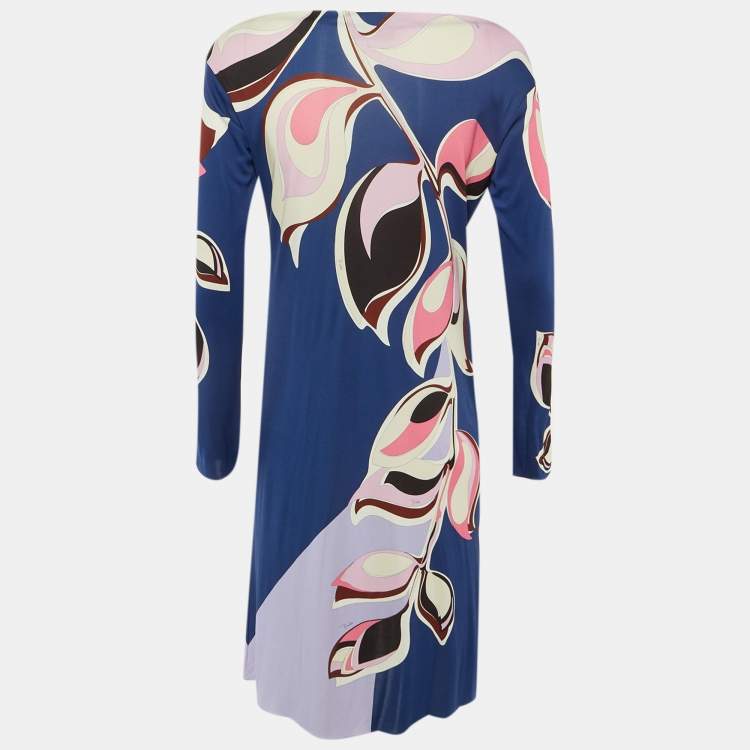 Pre Owned Emilio Pucci Blue Printed Jersey Midi Dress M