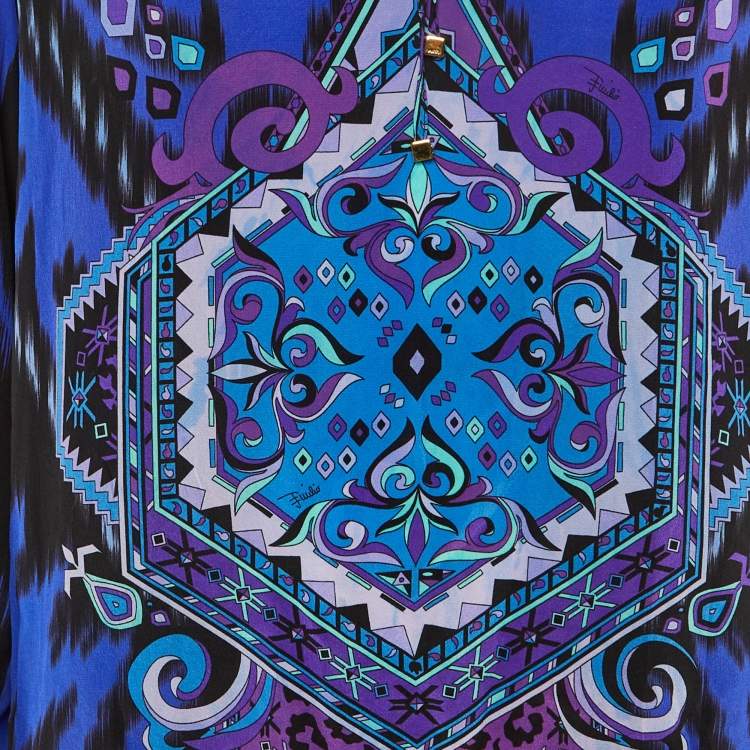 Pre Owned Emilio Pucci Blue Suzani Print Silk Long Sleeve Blouse XL