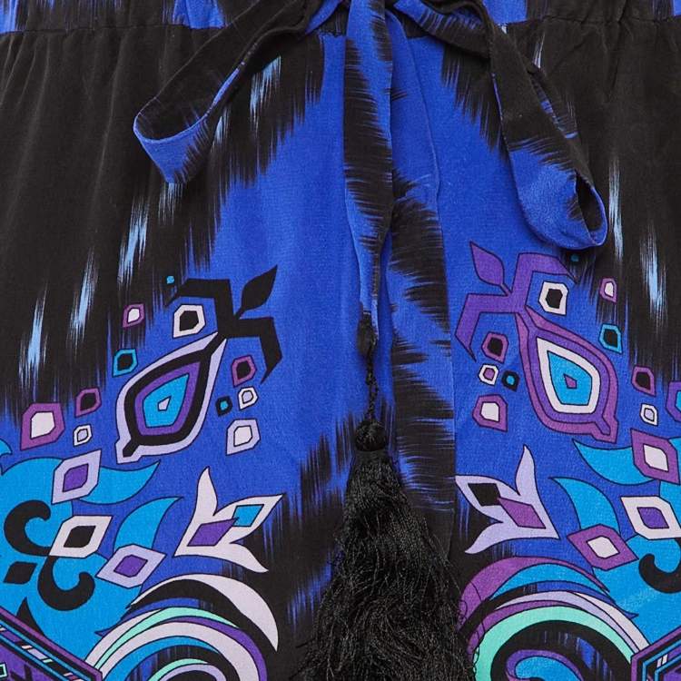 Pre Owned Emilio Pucci Blue Suzani Print Silk Elasticized Waist Trousers L
