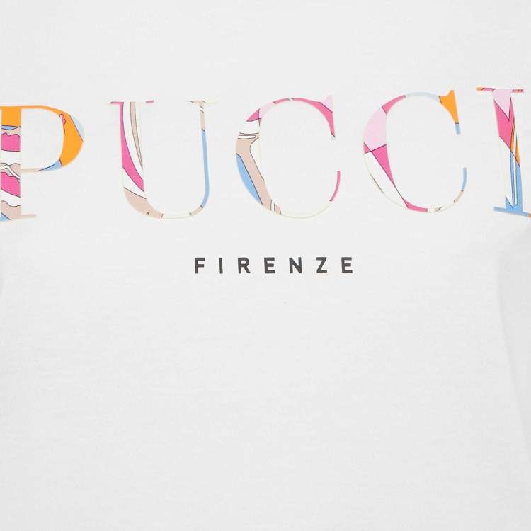 Pre Owned Emilio Pucci White Logo Applique Cotton T-Shirt L