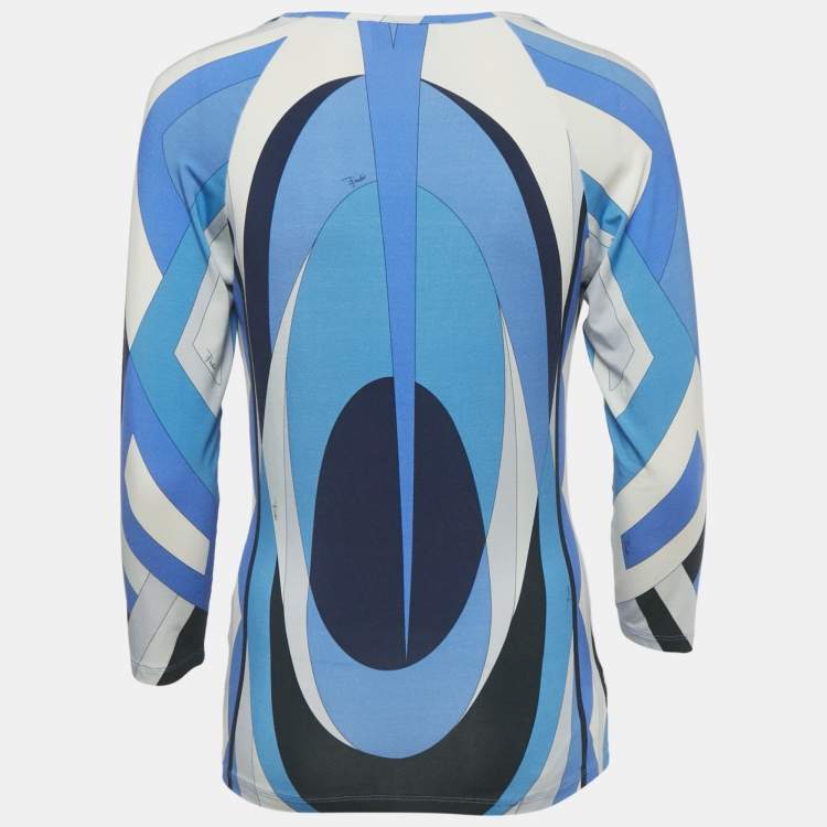 Pre Owned Emilio Pucci Blue Printed Jersey V-Neck Top M