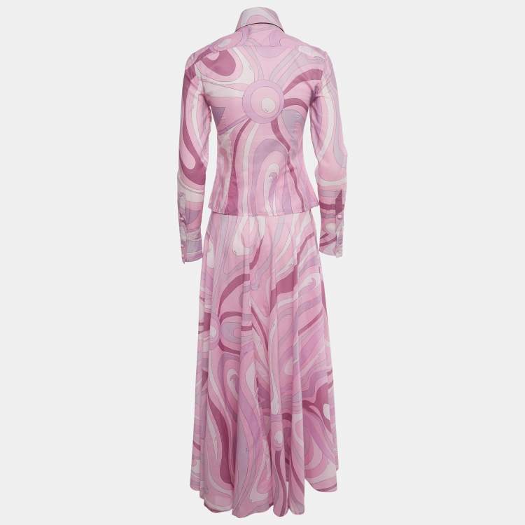 Pre Owned Emilio Pucci Pink Printed Cotton Top & Skirt Set M/S