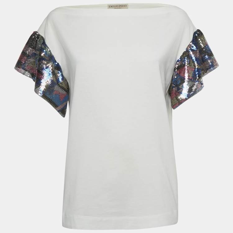 Pre Owned Emilio Pucci White Sequin Detail Cotton T-Shirt S