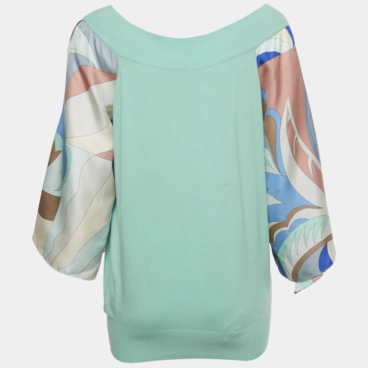 Pre Owned Emilio Pucci Green Knit &Silk Printed Trim Detail Top M