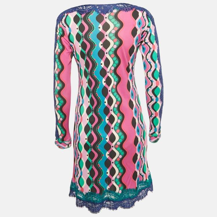Pre Owned Emilio Pucci Multicolor Printed Jersey Lace Detail Mini Dress M