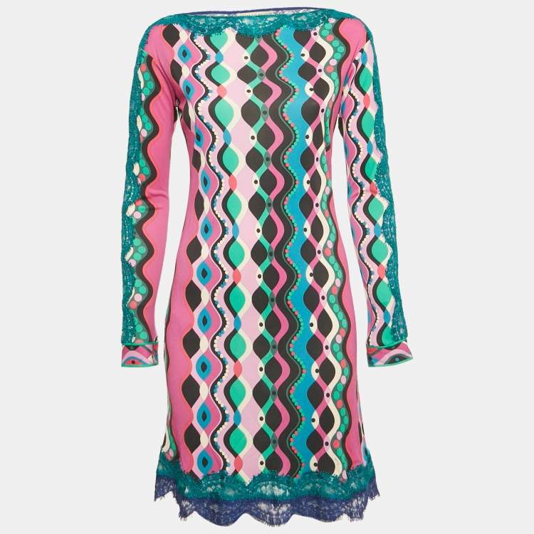 Pre Owned Emilio Pucci Multicolor Printed Jersey Lace Detail Mini Dress M