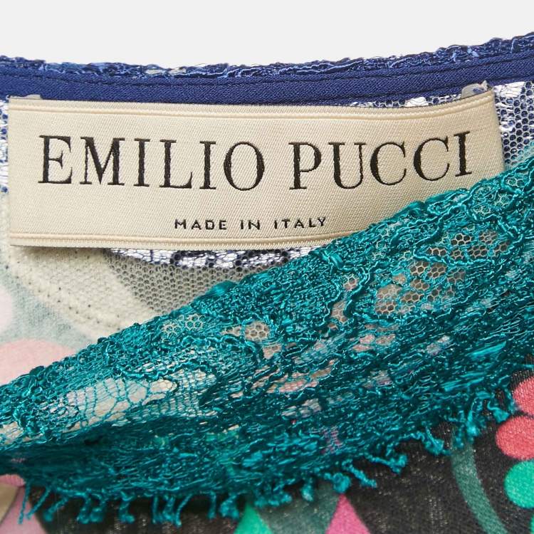Pre Owned Emilio Pucci Multicolor Printed Jersey Lace Detail Mini Dress M