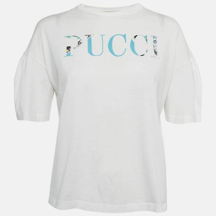 Pre Owned Emilio Pucci White Logo Print Cotton T-Shirt S