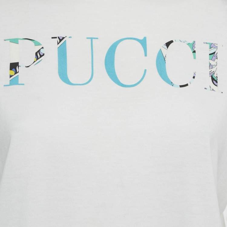 Pre Owned Emilio Pucci White Logo Print Cotton T-Shirt S