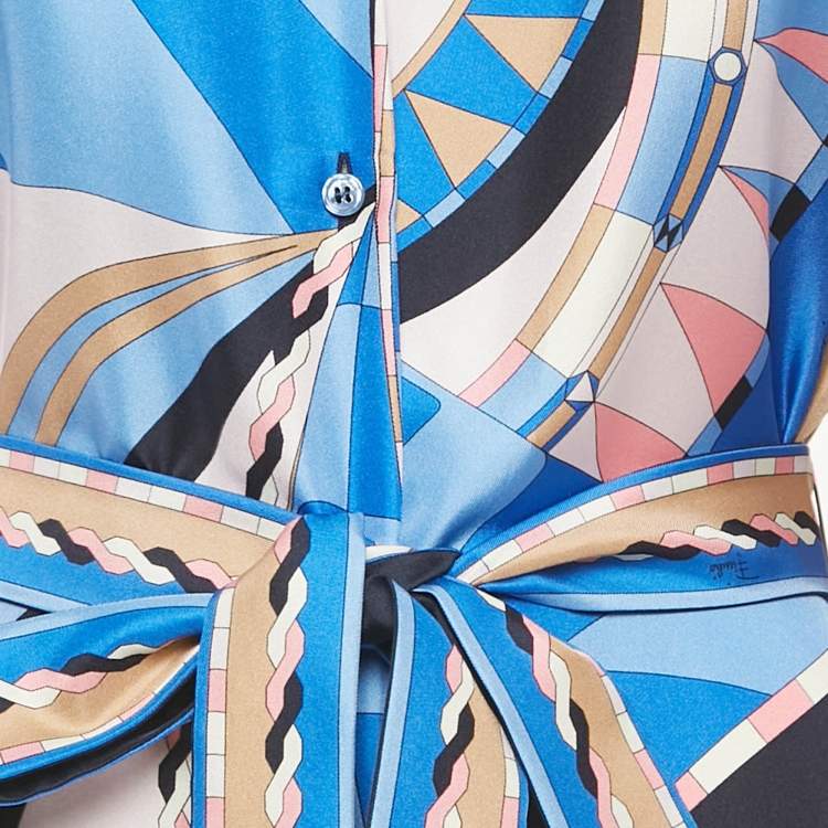 مملوكة مسبقًا Emilio Pucci Blue Wally Print Silk Belted Shirt Dress M