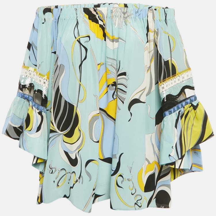 Pre Owned Emilio Pucci Blue Printed Silk Blouse M