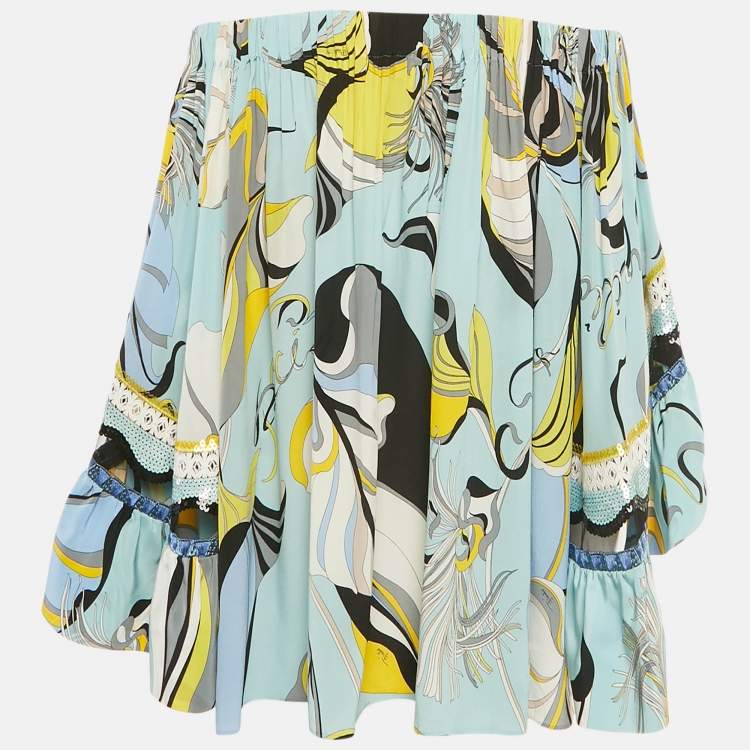 Pre Owned Emilio Pucci Blue Printed Silk Blouse M