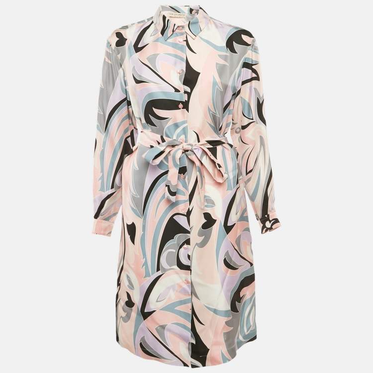 Pre Owned Emilio Pucci Pink Printed Silk Shirt Dress M