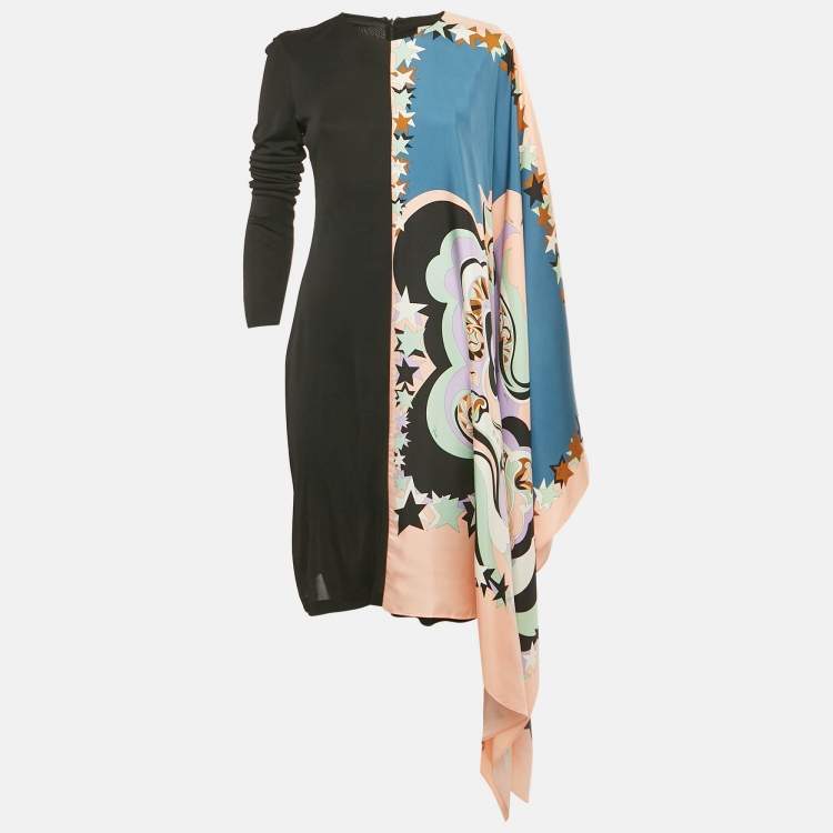 Pre Owned Emilio Pucci Multicolor Printed Jersey & Silk Overlay Panel Asymmetric Dress M