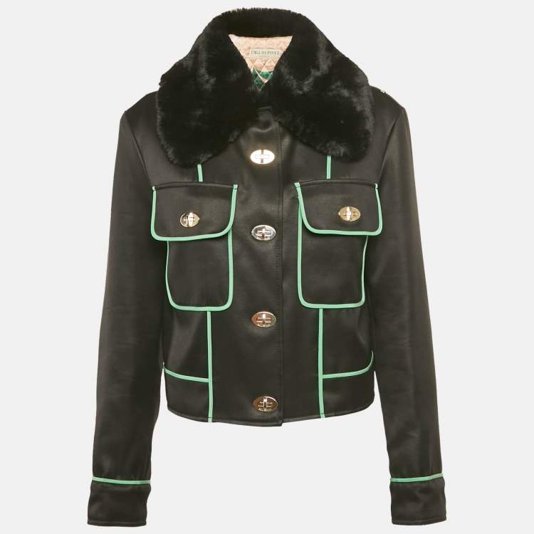 Pre Owned Emilio Pucci Black Fur Trim Synthetic Jacket M