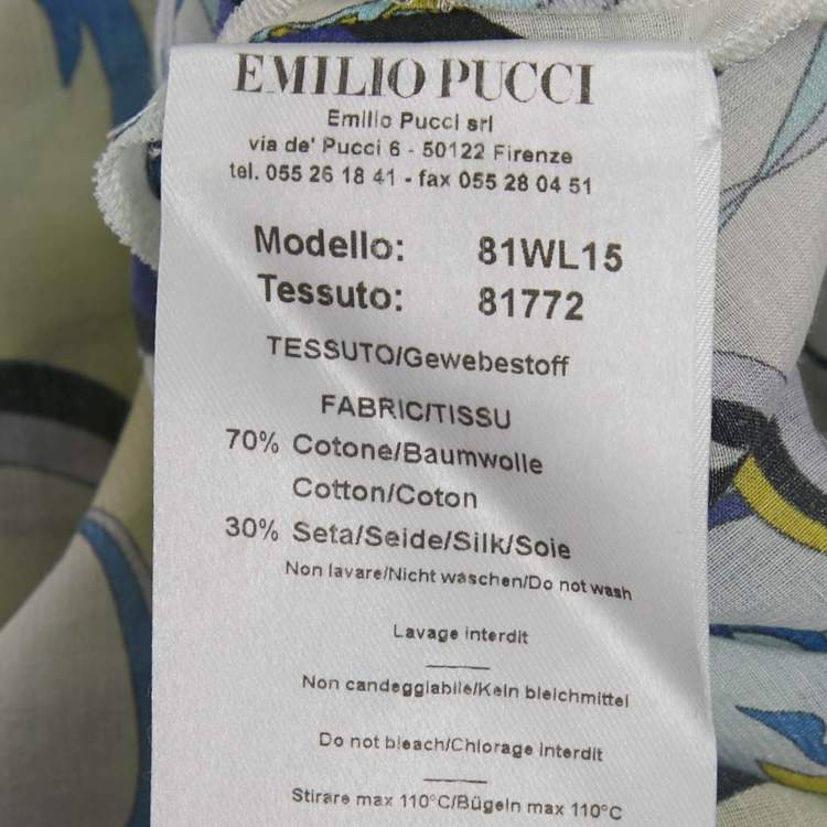 Pre Owned Emillio Pucci Blue and Yellow Printed Cotton Silk Cold Shoulder Sheer Maxi Dress M