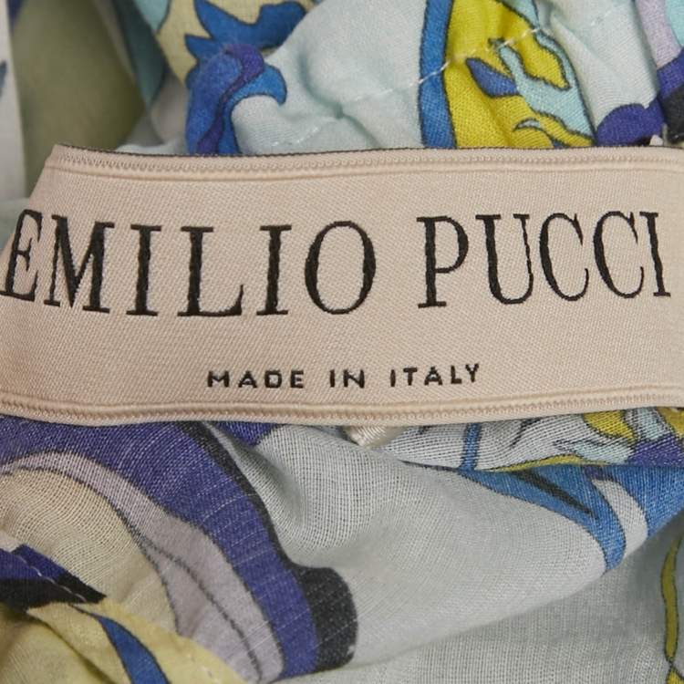 Pre Owned Emillio Pucci Blue and Yellow Printed Cotton Silk Cold Shoulder Sheer Maxi Dress M