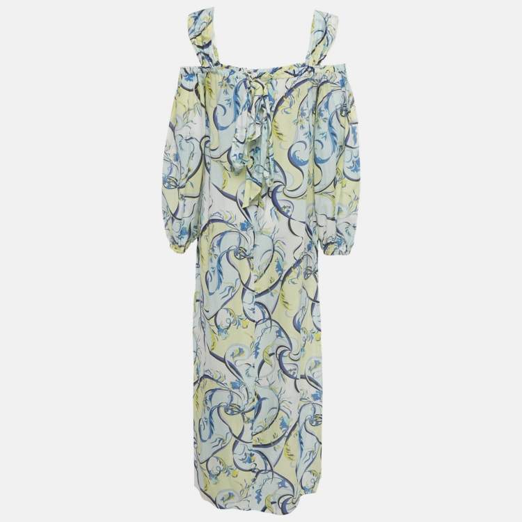 Pre Owned Emillio Pucci Blue and Yellow Printed Cotton Silk Cold Shoulder Sheer Maxi Dress M