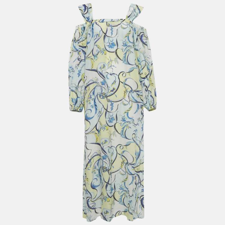 Pre Owned Emillio Pucci Blue and Yellow Printed Cotton Silk Cold Shoulder Sheer Maxi Dress M