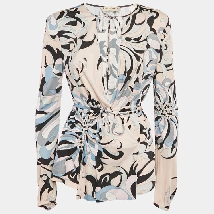 Pre Owned Emilio Pucci Pink/Blue Printed Jersey Top L