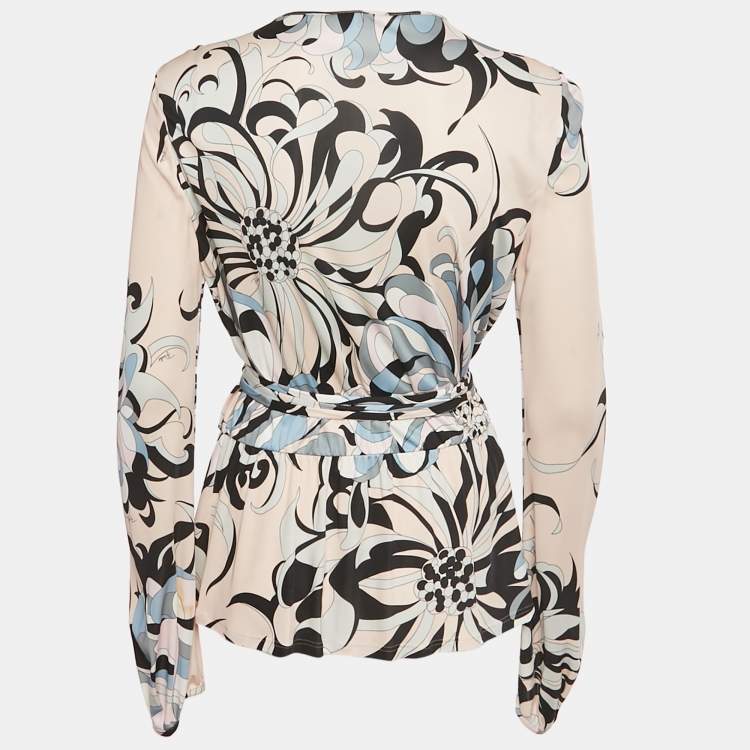 Pre Owned Emilio Pucci Pink/Blue Printed Jersey Top L