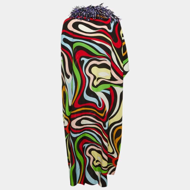 Pre Owned Emilio Pucci Multicolor Printed Silk Fringe Detail Kaftan Dress One Size  